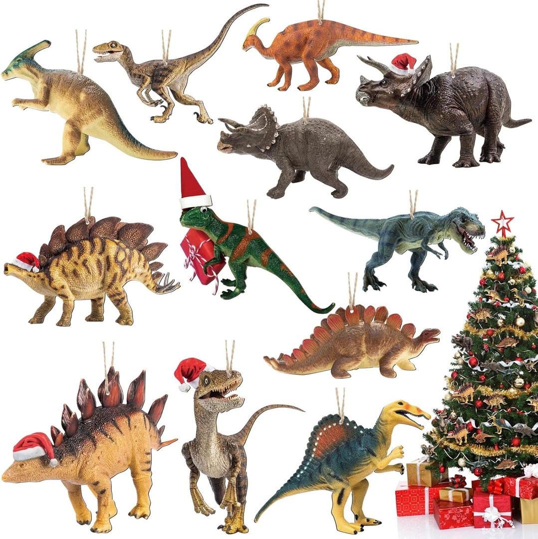 Amyhill 36 Pcs Christmas Dinosaur Ornament Wood Dinosaur Hanging Ornament Christmas Tree Topper Ornaments for Kids Boys Xmas Tree Party Holiday Decoration
