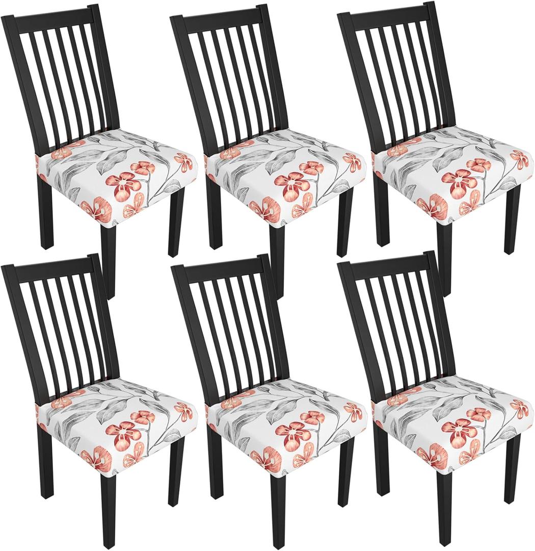 Stretch Dining Chair Seat Covers Set of 6,Dining Chair Slipcovers, Floral Printed Chair Covers,Soft Fabric Washable Upholstered Chair Seat Protector, No Rear Covers for Home Kitchen Dining Room (Whitecherry Blossoms)