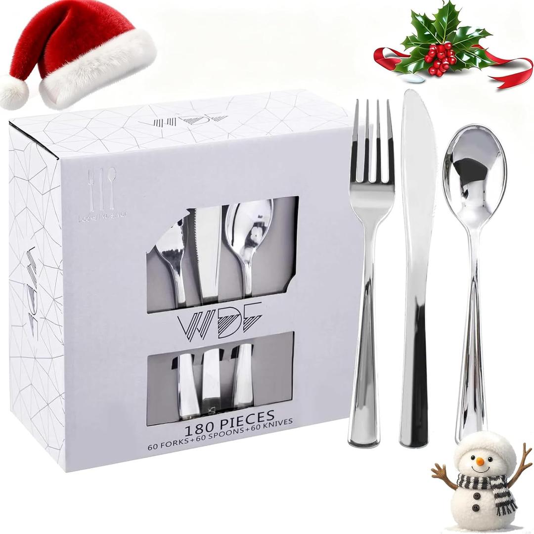 WDF 180 Pieces Silver Plastic Silverware - Silver Plastic Cutlery - Fancy Plastic Silverware Heavy Duty - 60 Forks 60 Knives 60 Spoons - Disposable Plastic Utensils Perfect for Party/ Wedding/ Christmas