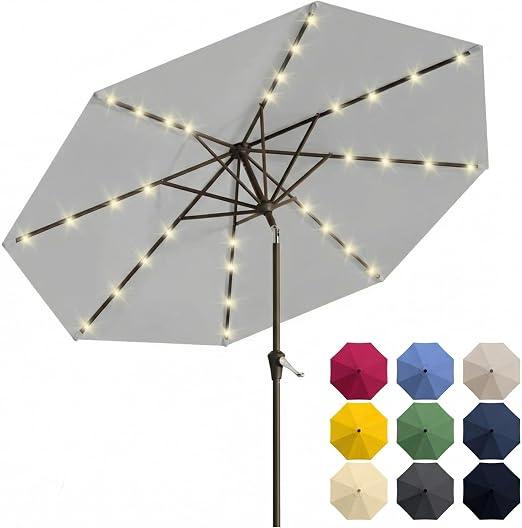 Patio Kingdom 9FT Solar Umbrella 32 LED Lighted Patio Umbrella Table Market Umbrella w/Tilt and Crank, UV-Resistant Outdoor Umbrella for Pool, Garden, Deck, Light Gray
