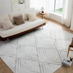 Syalife Boho Area Rug, Non Shedding 9x12 Washable Rug with Non Slip Backing, White Modern Geometric Carpet, Indoor Bohemian Thin Mat for Living Room Entryway Bedroom Kitchen - White (9'x12')