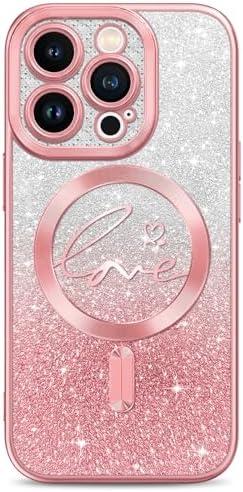 Hython for iPhone 13 Pro Case Glitter, Clear Magnetic Phone Cases with Luxury Love Heart Pattern [Compatible with MagSafe] Bling Sparkle Plating Soft TPU Slim Shockproof Protective Cover Women, Pink
