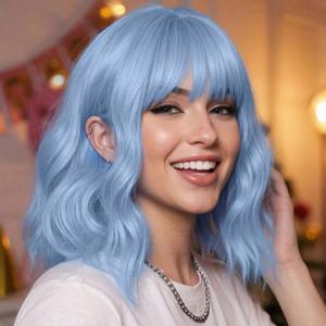 SUKRI Pastel Light Blue Bob Wigs with Bangs for Women Loose Wavy Wig 12 Inch Shoulder Length Bob Synthetic Cosplay Wig for Girls Colorfed Costume Wigs (Light Blue)