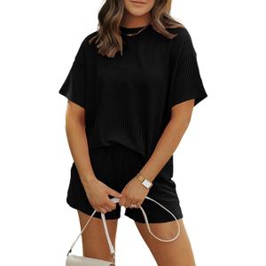 MARZXIN Women's 2 Piece Outfits Summer Tracksuit Ribbed Textured Knit Loose Lounge Shorts Set Short Sleeve Matching Sets (XX-Large, Black)