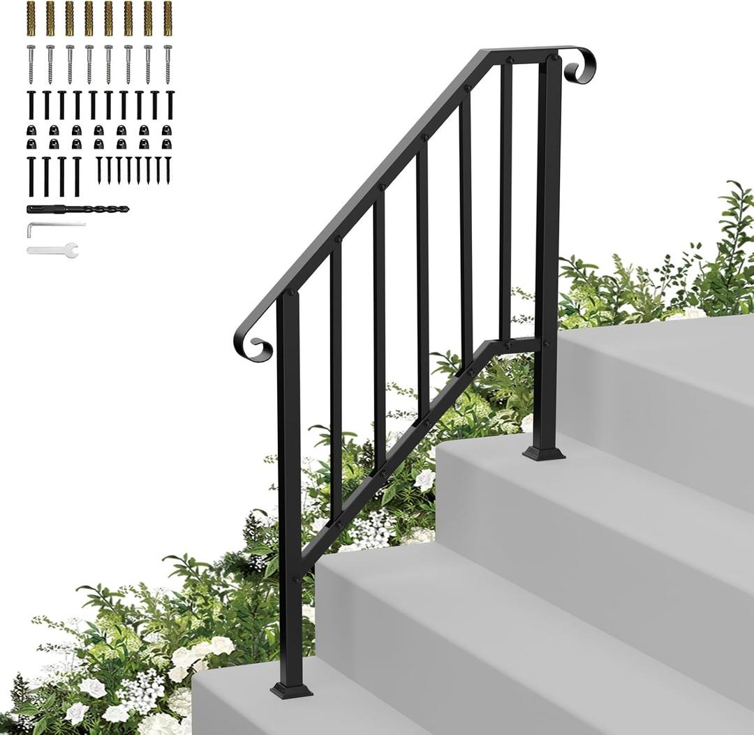 Hand Rails for Outdoor Steps-Adjustable Angle 3-4 Steps Stair Handrail-Galvanized Alloy steel-600 lb LC-Indoor Stair Railing Kit-Waterproof Exterior Porch Railing-Deck HandRail for Concrete Wood Step