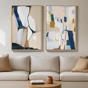 Large Framed Neutral Abstract Wall Art for Living Room, Set of 2 Bright Modern Canvas Prints Paintings Artwork for Walls, Colorful Abstract Pictures for Hallway Stair Bedroom Office Wall Decor 24x36 In