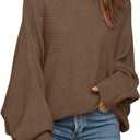 Women's Oversized Crewneck Sweater Batwing Puff Long Sleeve Cable Slouchy Pullover Jumper Tops, Size XL
