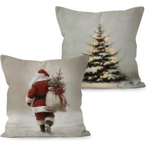 Vintage Christmas Decorative Throw Pillow Cover, Rustic Cozy Winter Snowy Farmhouse Christmas Santa Tree Holiday Pillow Covers for Home Room Bed Sofa Decor, 18x18 Inch Set of 2