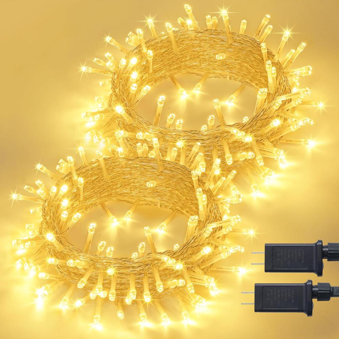 JMEXSUSS 2 Pack 100 LED Warm White Christmas Lights Indoor, Connectable 33ft Warm White String Lights Outdoor Waterproof, 8 Modes Christmas Tree Lights Plug in for Xmas Bedroom Yard Party Decorations