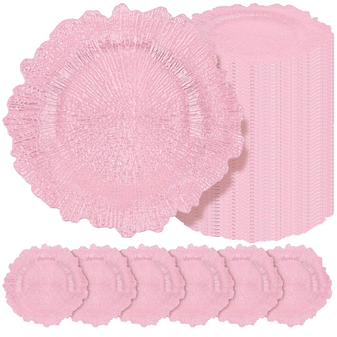 Teruntrue 50 Pcs Pink Charger Plates Bulk 13 Inch Plastic Charger Plates for Dinner Plate, Pink Chargers for Table Setting, Reef Design Plate Floral Decorative Round Chargers for Wedding Party Event