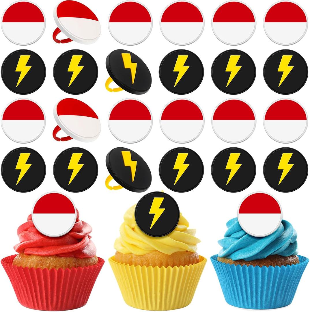 Honeydak 48 Pcs Cartoon Red and White Cupcake Ring Cartoon Birthday Decorations Yellow Cake Topper Ring Red and White Cupcake Topper Birthday Party Decorations for Girls Party