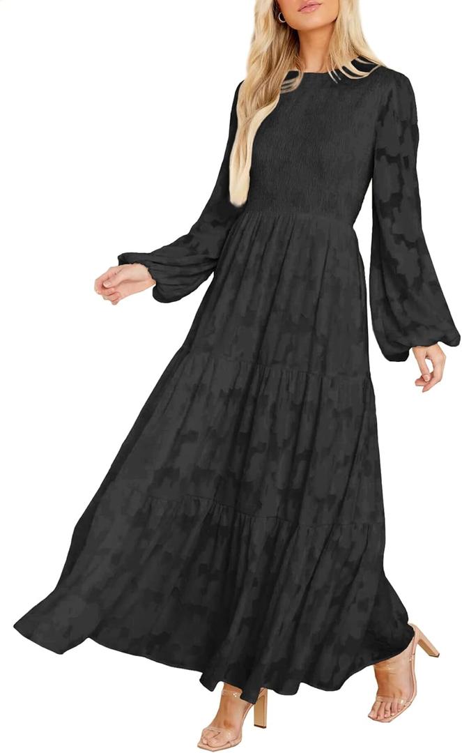 MITILLY Women's Elegant Floral Long Sleeve Round Neck Smocked A-Line Flowy Tiered Maxi Dress with Pockets (Large, Black)