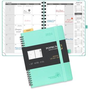 POPRUN Monthly Planner 2024-2025 Spiral Bound (6.5'' x 8.5'') 18 Months Calendar (Jan 2024 - Jun 2025) - 4 Pages per Month with Monthly Expense & Notes, Vegan Leather Cover - Green