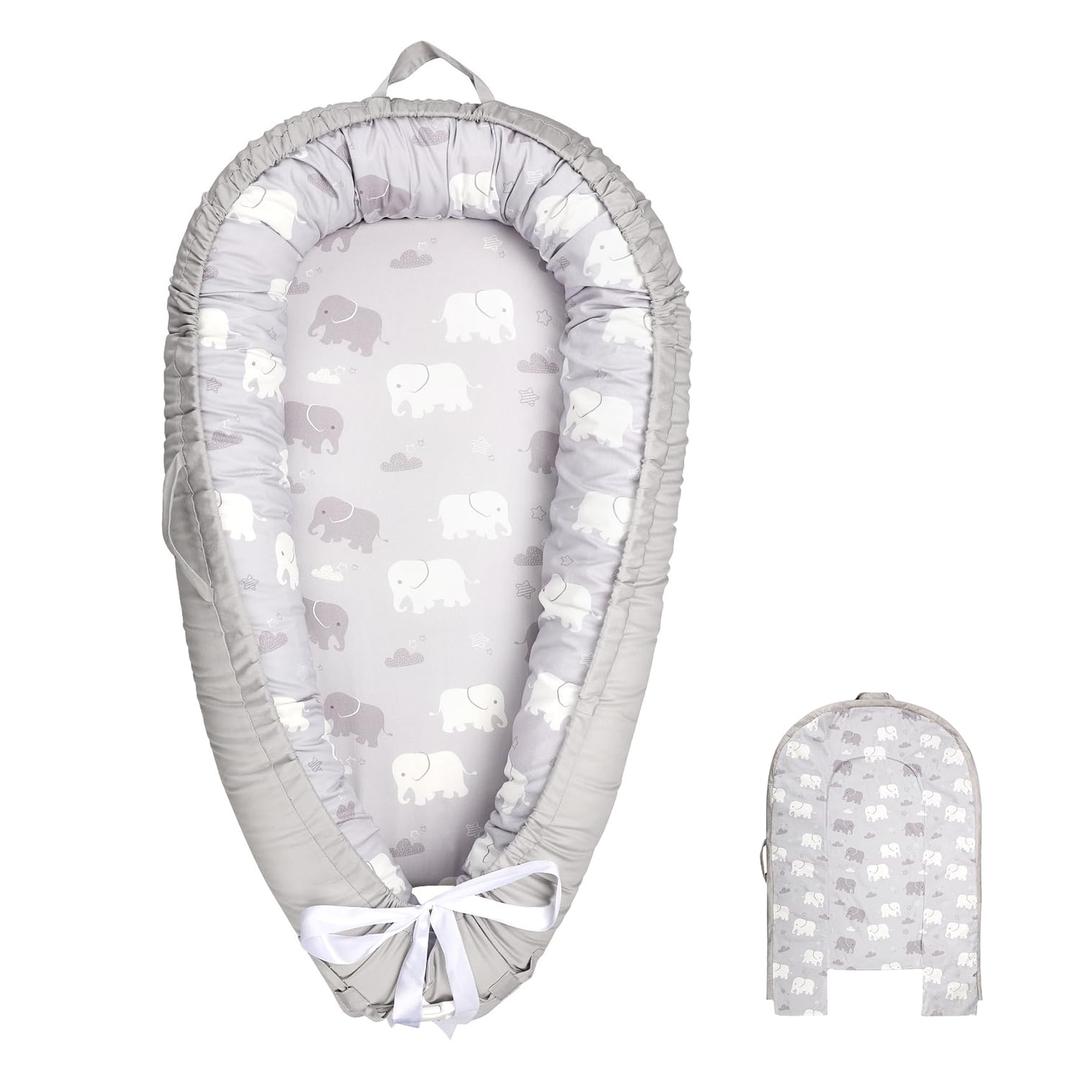 Baby Lounger Replacement Cover, Newborn Lounger cover for 0-12 Months, Breathable & Portable Infant Lounger Case, Soft Baby Floor Seat Cover for Travel, Machine Washable (Cover Only), Grey elephants