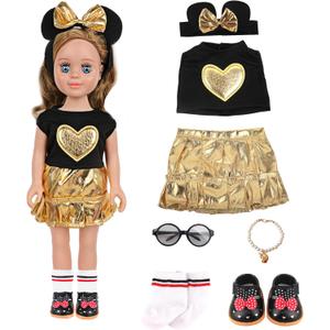 MSYO 17-18 Inch Shiny Gold Doll Clothes 7Pcs Set, Princess Party Doll Dress Up Outfit with Headband Top Skirt Socks Shoes Glasses Necklace, Wedding Pretend Play Doll Gift