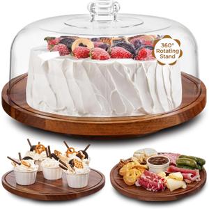 Farmyards Rotatable Acacia Wood Cake Display Stand with Acrylic Dome Lid - 2-in-1 Rotating Cake Holder, Cake Plate Display with Cover for Baking Gifts, Dessert Table Display Set & Charcuterie Board