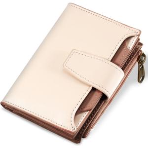 Airkit Small Wallet Women RFID Blocking Soft Leather Bifold Compact Card Holder Wallet for Women with Zipper Coin Pocket 4 ID Window (Colorblock - Apricot/Brown)