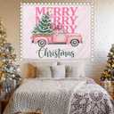 WHCHJ Pink Christmas Tapestry, Coquette Preppy Pink Bow Christmas Tree Truck Wall Hanging, Girly Xmas Holiday Tapestries Wall Blanket Decor for Party Home Bedroom Living Room Dorm, 50x60 Inch