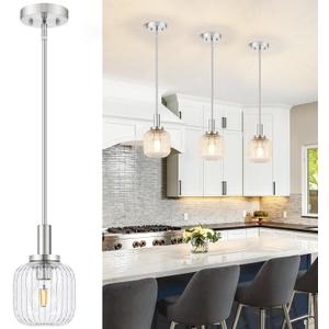 Brushed Nickel Pendant Lights Kitchen Island, 1-Light 5.9" Modern Glass Pendant Light with Clear Glass and Rods, Mini Hanging Lighting for Kitchen Sink Bathroom Bedroom, OS-YQ7749-1PBN