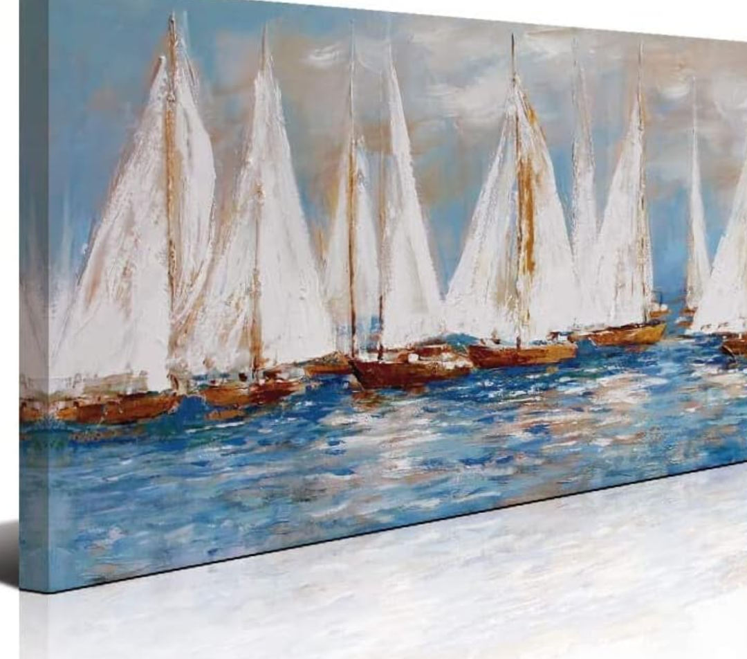 Pogusmavi Large White Sailboats Canvas Painting Wall Art Decor for Living Room Office Abstract Seascape Picture Artwork Home Bedroom Wall Decoration 57×29inch