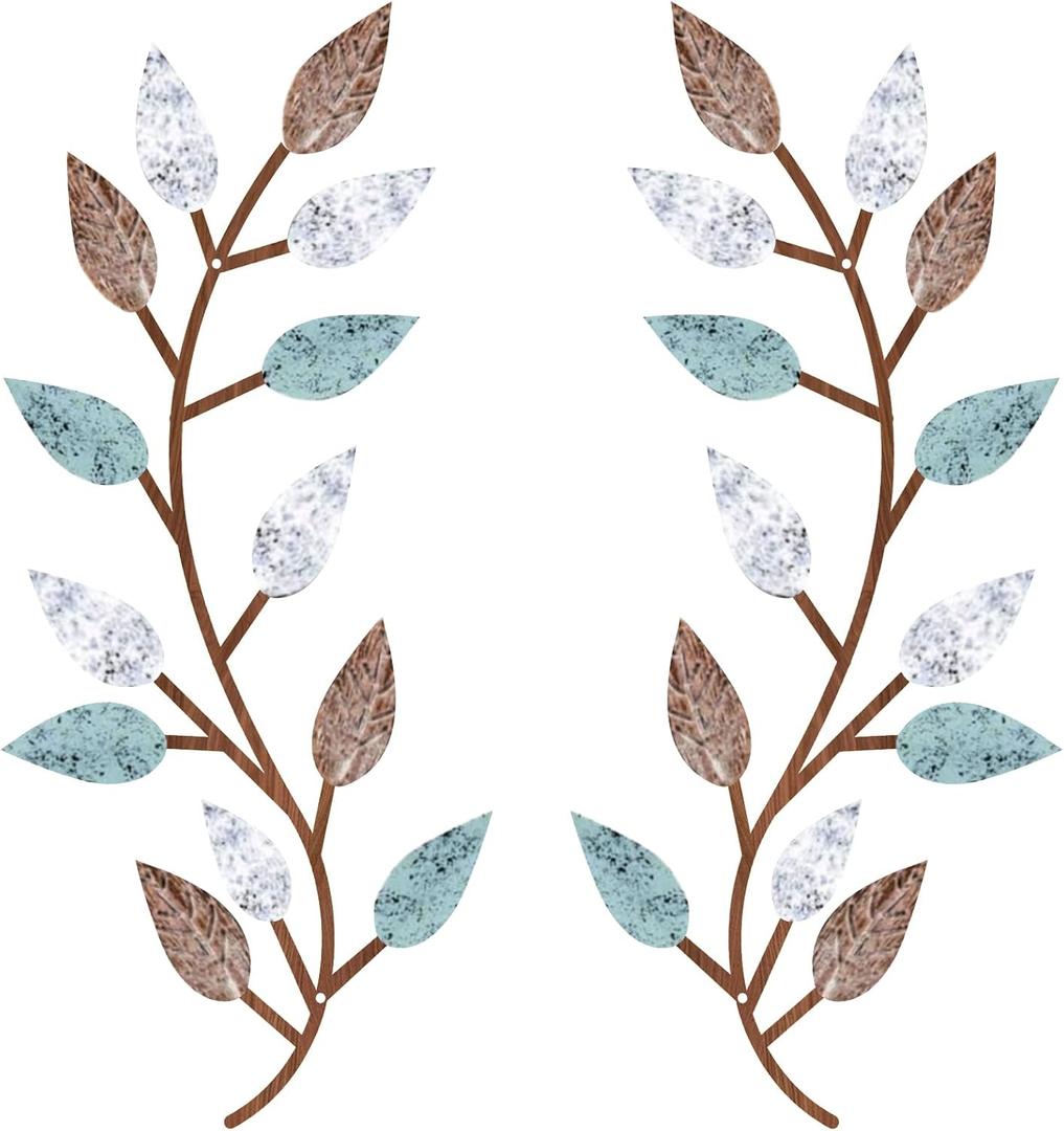 Zhengmy 2 Pieces Metal Tree Leaf Wall Decor Vine Olive Branch Leaf Wall Art Living Room, Hallway Wall Decor Outdoor Decoration(Blue Brown Colors)