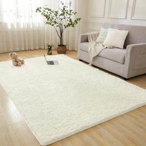 Area Rug for Living Room, Cream Soft Fuzzy Plush Indoor Carpets for Bedroom, Non Skid Fluffy Faux Fur Rug for Room