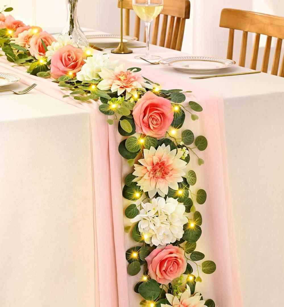 Yastouay 2 Pcs Flower Garland with Lights, 12 Ft Pink Rose Floral Garland Fake Flowers for Wedding Arch Party Tables Backdrop Decor