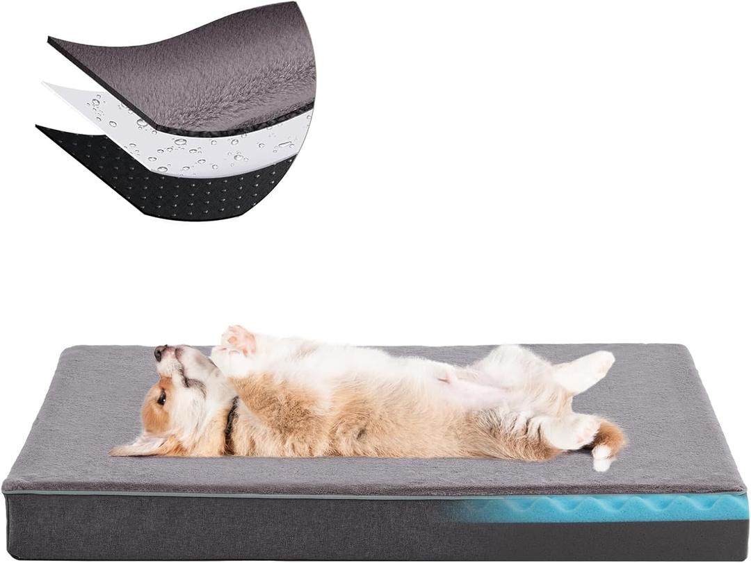 Orthopedic Memory Foam Dog Bed, Cooling Dog Beds for Medium Dogs, Washable Pet Beds for Crate with Faux Fur Cover, Waterproof Lining, M (29inch)