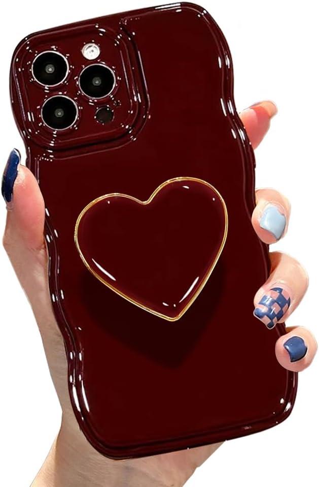 Cute Case for iPhone 15 Pro Max 6.7'', Wine Red Soft TPU Shape Shockproof Protective Cover with Stand, Luxury Bumper Wave Frame Curly Shape Love Heart Holder Kickstand Phone Case for Girls Women