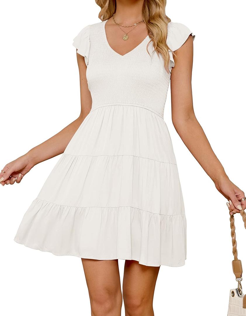 ZESICA Women's 2026 Summer Casual V Neck Flutter Sleeve Bohemian Ruffle Smocked A Line Swing Mini Dress (White, M)