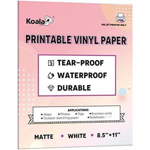 KOALA PAPER Printable Waterproof Paper for Inkjet Printer, 8.5x11 In 30 Sheets Matte White Vinyl Printer Paper, Non-Tearable, Durable, Quick Drying