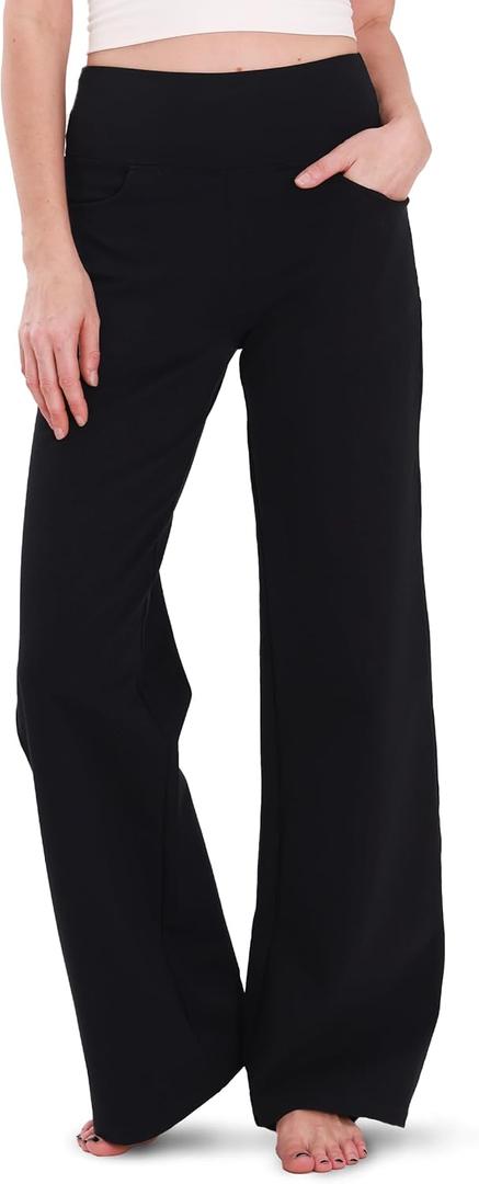 Houmous Wide Leg Pants Women Cotton Yoga Pants 28"/31"/34" High Waist Loose Lounge Stretch Trousers with Pockets, 31 Inseam, Black, L