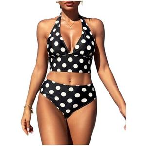 MakeMeChic Women's Polka Dots Tankini Bathing Suits Halter Tie Backless Beach Swimsuits, S