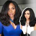 Quantum Love Yaki Curly Wigs Layered Side Part Short Body Wave Wigs for Women Glueless Lace Part Synthetic Bob Wavy Hair (Natural Black, 16inch)