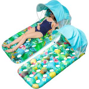 FindUWill Pool Floats with Canopy Adults - 2 Pack XL Pool Floats with Headrest, Removable Shade, Inflatable Pool Floaties Beach Pool Accessories for Adult (Green Pineapple & Blue Fern)