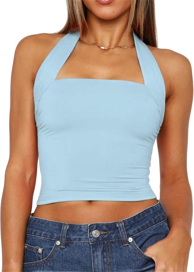 ForeFair Women Halter Neck Backless Crop Top Sexy Y2K Sleeveless Tank Top Open Back Slim Fit Tops (Medium, Sky Blue)
