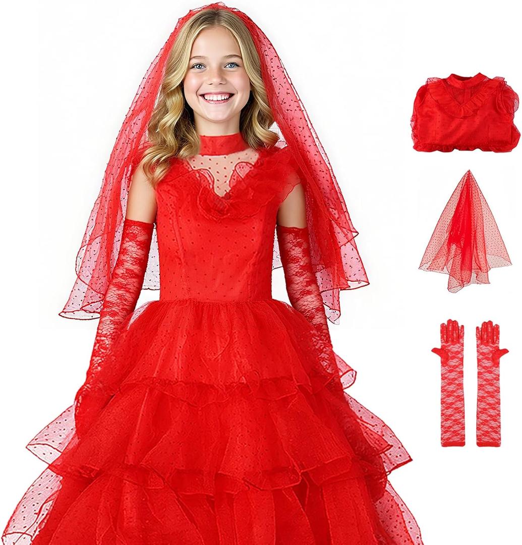 Halloween Gothic Women Red Wedding Dress Costume Tulle Skirt Vintage Goth Cosplay Party Outfits with Veil Gloves 
Size: Adult L