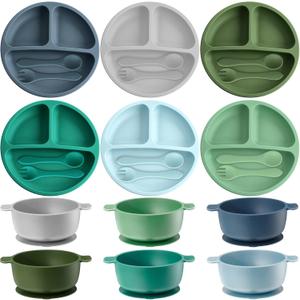 Dandat 24 Pcs Silicone Baby Feeding Set,6 Baby Toddler Suction Bowls 6 Divided Suction Plates with 6 Forks 6 Spoons, Utensils Set for Weaning Infant Feeding and Eating, 6 Styles(Vivid Color)