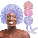 my novel things 3Pcs Satin Bonnet for Sleeping Women Large Adjustable Hair Bonnet with Tie Band Silky Sleep Cap with Ribbon for Women Natural & Curly Long Hair Anti Frizz, Soft Breathable(Pink/Purple)