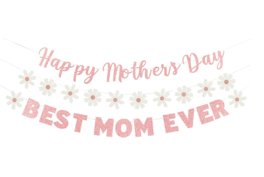 Happy Mother's Day Banner Set Decoration for Mother's Day Party Decorations Backdrop Garland for Mom Mother's Day Glitter Garland Photo Props (3pcs flower set)