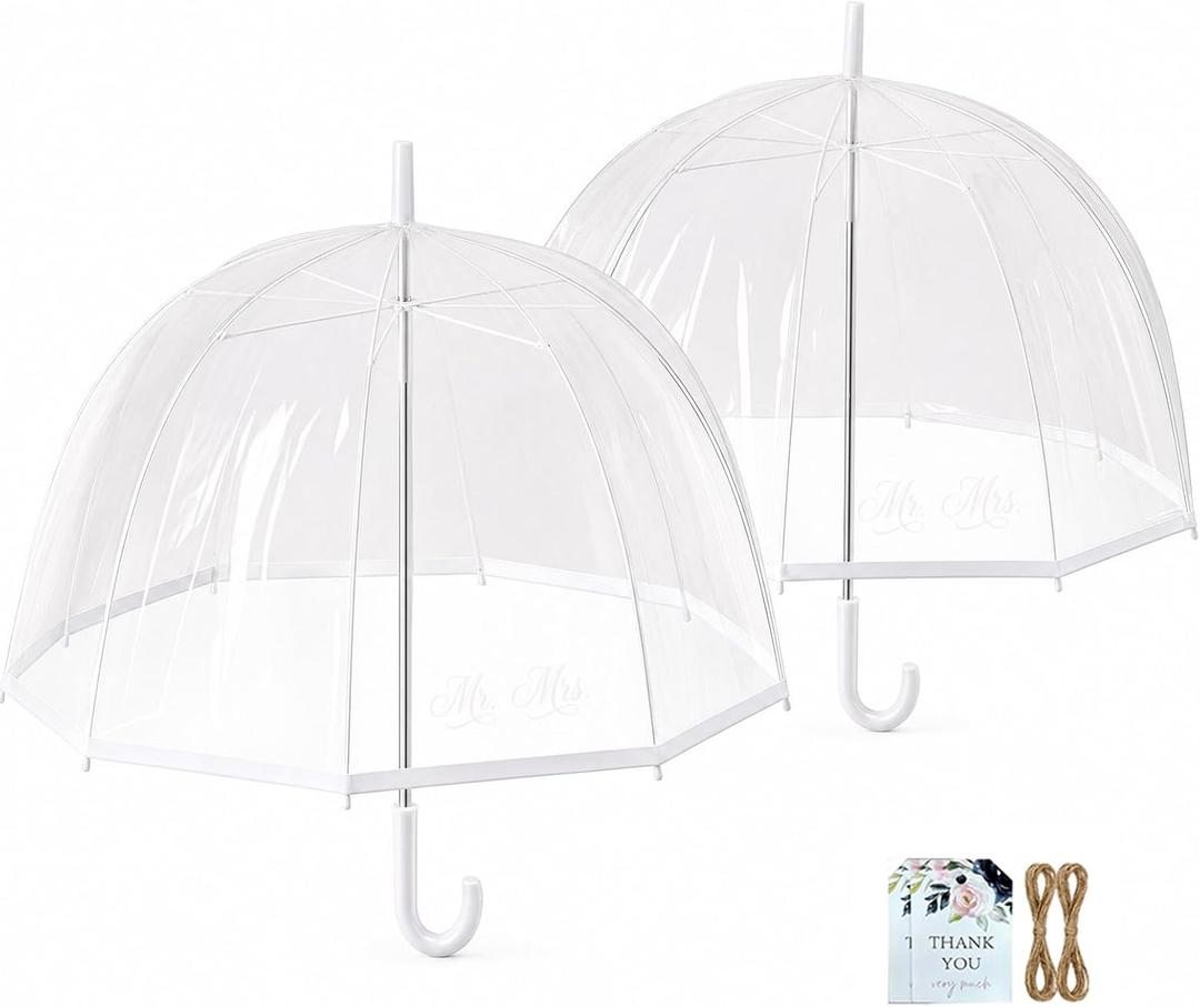 Clear Wedding Umbrella 2 Pack Mr & Mrs, 46" Bubble Dome Photography Prop | Transparent POE material For bride and groom Includes thank you cards
