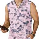 COOFANDY Men's Sleeveless Beach Shirts Summer Button Up Tank Tops Casual Textured Tank Pink Tropical Palm Tree Shirt, Large