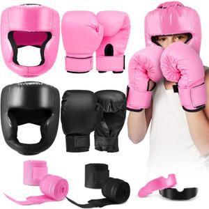 Kanayu 12 Pcs Kids Boxing Equipment Set for Beginners Ages 6-18 Years Including Boxing Helmet and Gloves Hand Wraps Sport Mouthguards Taekwondo Sparring Gear for Kids and Children (Black, Pink)