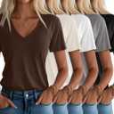 Huukeay Womens 5 Pack V Neck Basic Tees Comfortable Casual Short Sleeve T Shirts Solid Color Tops for Summer Flat Hem (Medium, Cream, Brown, White, Light Gray, Black)