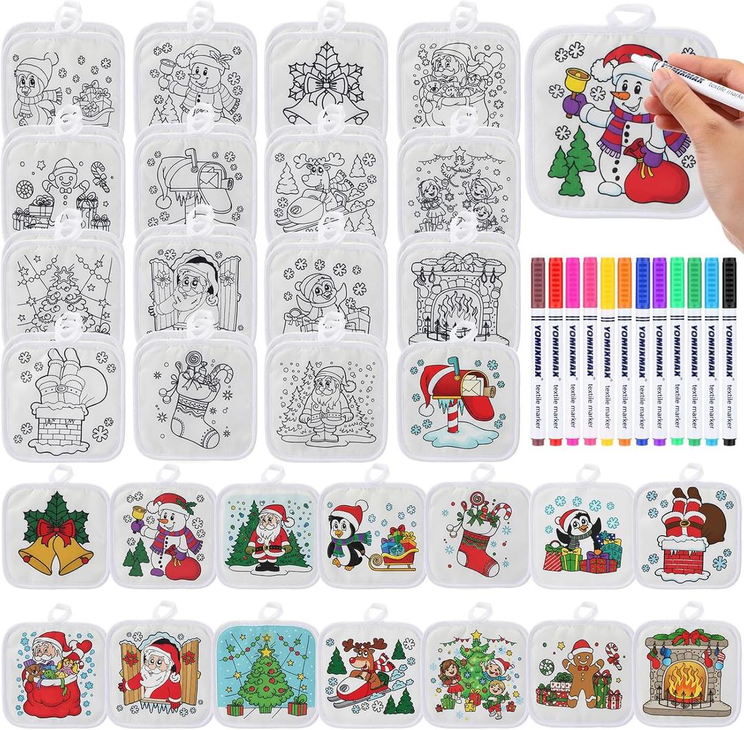 Patelai 42 Pcs Color Your Own Pot Holders Craft Project Including 30 White Pot Holders and 12 Fabric Markers for Kitchen Heat Resistant Cooking and Baking DIY & Painting Activities