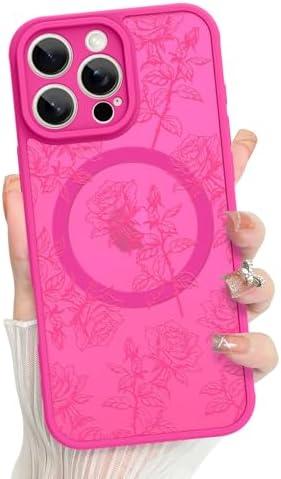 MZELQ for iPhone 16 Pro Case Rose Floral Flowers Matte Aesthetic Cute Pattern Magnetic [Compatible wth Magsafe] Fit iPhone 16 Pro Case -Hot Pink