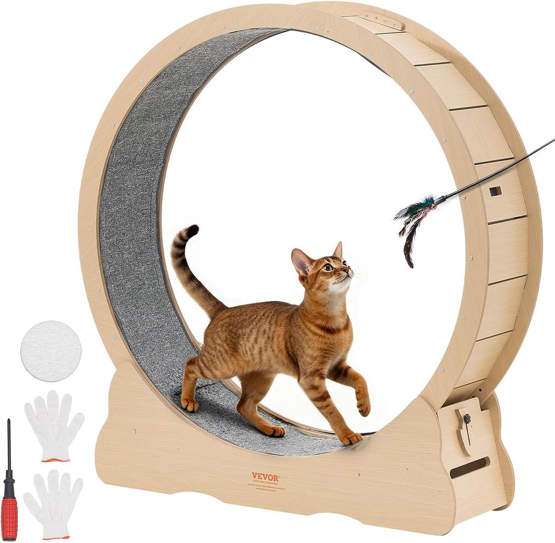 VEVOR Cat Exercise Wheel, 48 in Wooden Cat Running Wheel for Indoor Cats up to 28 lbs, Cats Treadmill with Carpeted Runway & Locking Mechanism, Quiet Roller Kitten Sport Toys for Pets Fitness & Health
