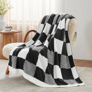 Snuggle Sac Checkered Blanket, Black Throw Blanket for Couch Plaid Microfiber Fluffy Warm Fuzzy Cozy Soft Throw Blanket Reversible Checkerered Blankets for Sofa, Chair, Bed, 50x60 inches