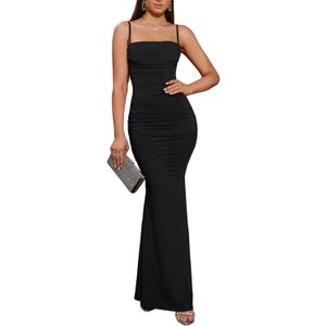 EYNMIN Women's Sleeveless Slip Bodycon Corset Maxi Dress Spaghetti Strap Ruched Elegant Evening Party Long Dresses Black XS