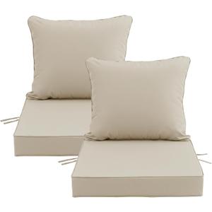 24x24 Inch Outdoor Chair Cushions Set of 2, Patio Furniture Cushions - Removable Cover, Water-Repellent, Fade-Resistant, Non-Slip Bottom & Straps, Replacement for Deep Seat Sofa & Couch - Cream
